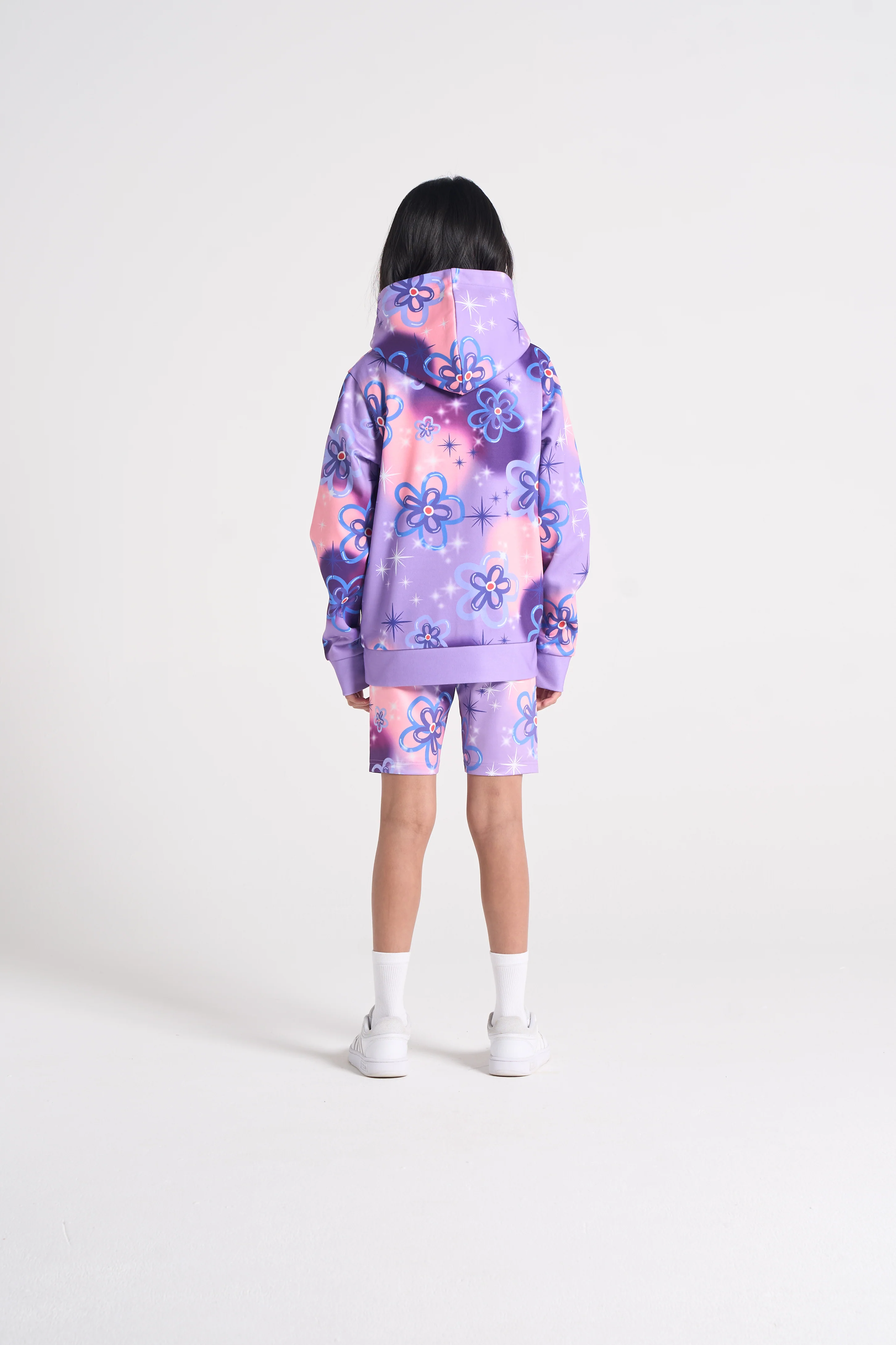 Hype Girls Purple Sparkle Flower Hoodie & Cycling Shorts Set - Image 3